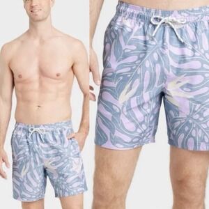 Goodfellow & Co Mens Tropical 7" Inseam Swim Trunks NWT Large Purple Monstera